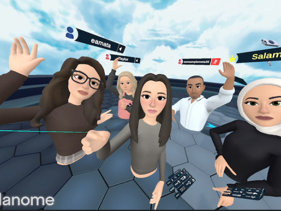 Students Taylor Camossi, Sultan Hussein, Salam Zaitoun, Erika Mata and Isabella Catao in a digital, virtual reality space. Their avatars range in appearances similar to them in real life, and they stand under a blue, cloudy sky and wave at the camera.