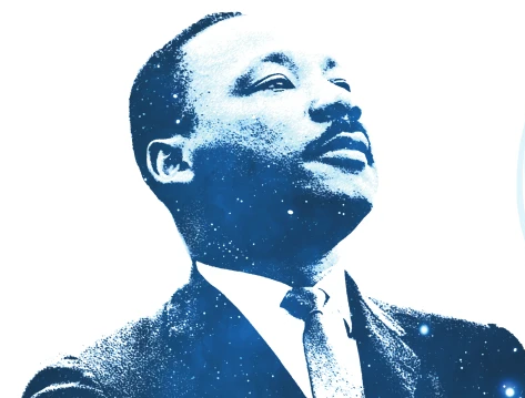 Image of Dr. Martin Luther King in various shades of blue for Keeper of the Dream Dinner.