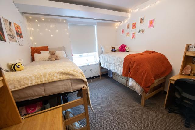 A shared room in University Hall with two lofted beds, dressers, and desks.